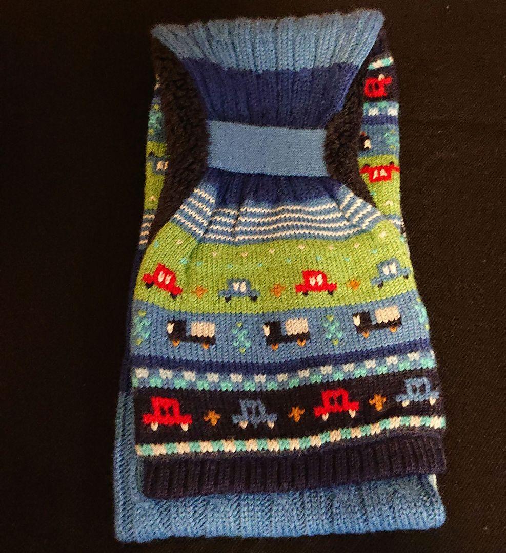 美品 ファミリア 車柄 ニット帽子×マフラー×手袋set 青