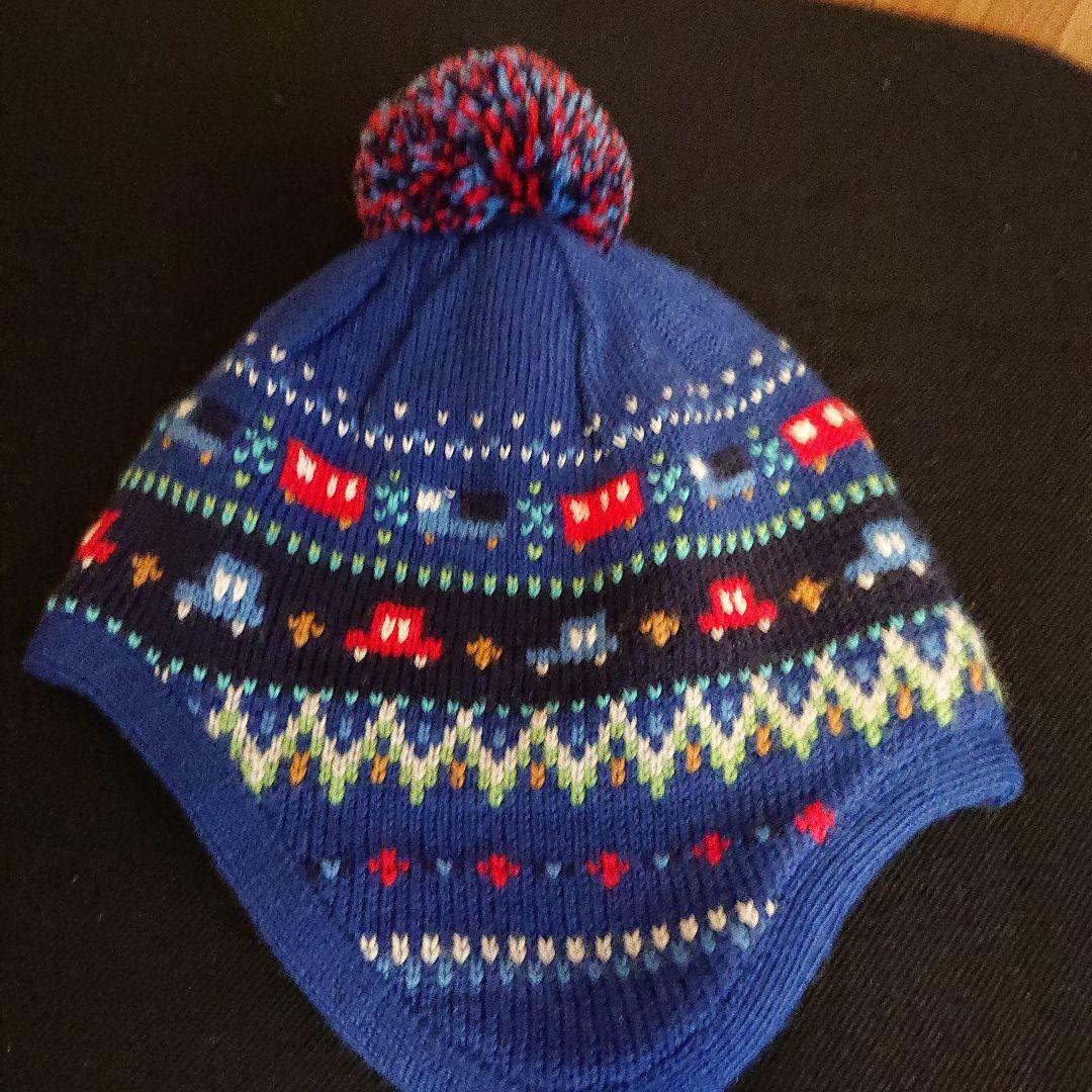 美品 ファミリア 車柄 ニット帽子×マフラー×手袋set 青