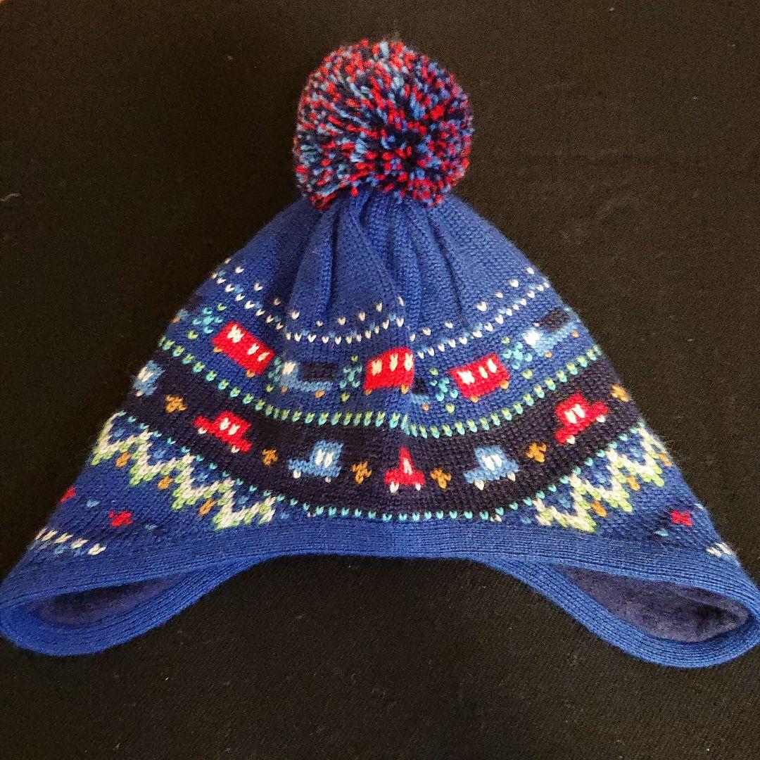 美品 ファミリア 車柄 ニット帽子×マフラー×手袋set 青