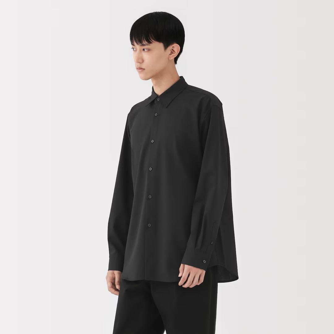 新品【XL】黒 MUJI LABO ウール混 レギュラーカラーシャツ ムジラボ
