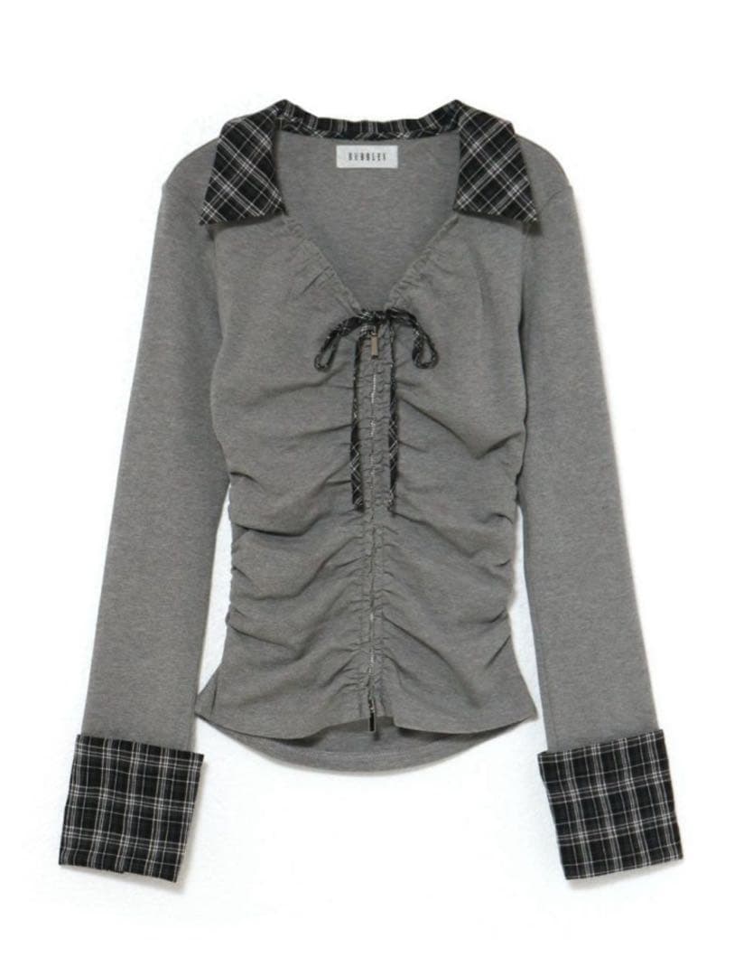 BUBBLES ギャザーリボンシャツトップス グレー