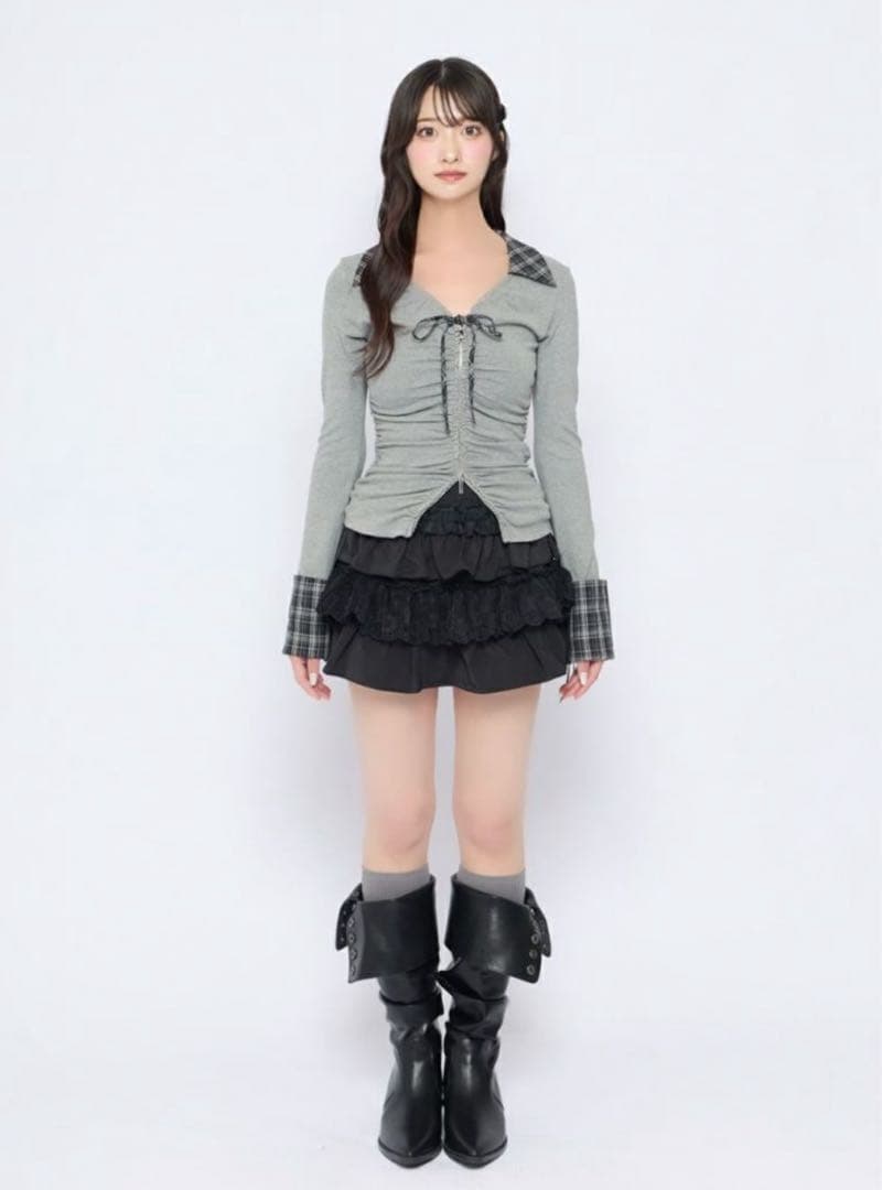 BUBBLES ギャザーリボンシャツトップス グレー