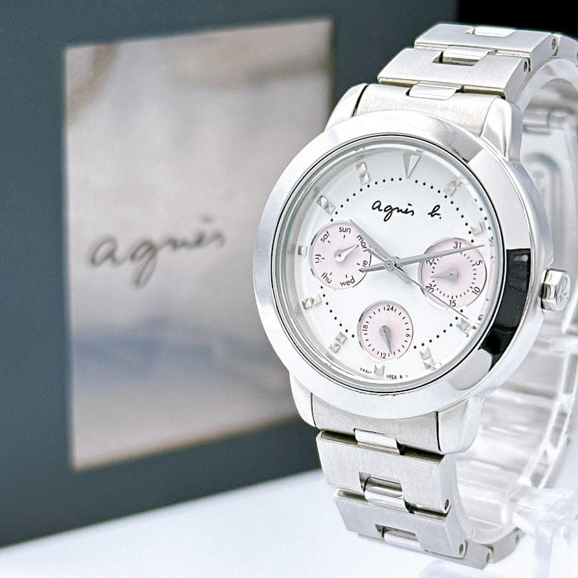 美品 アニエスベー レディース腕時計 クロノグラフ ホワイト ピンク