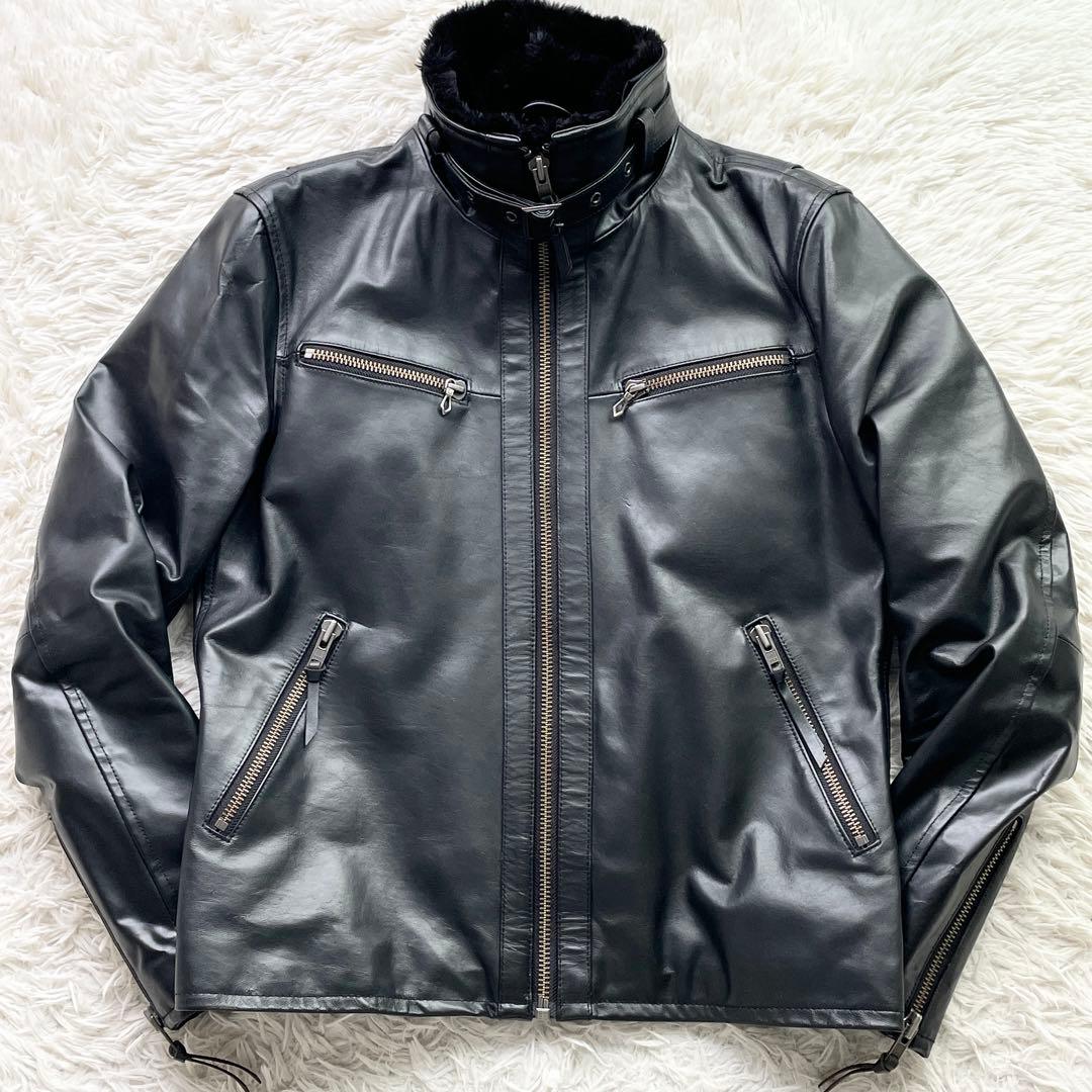 極美品 ホースハイド リューグーレザーズ シングルライダース 襟ボア ブラック