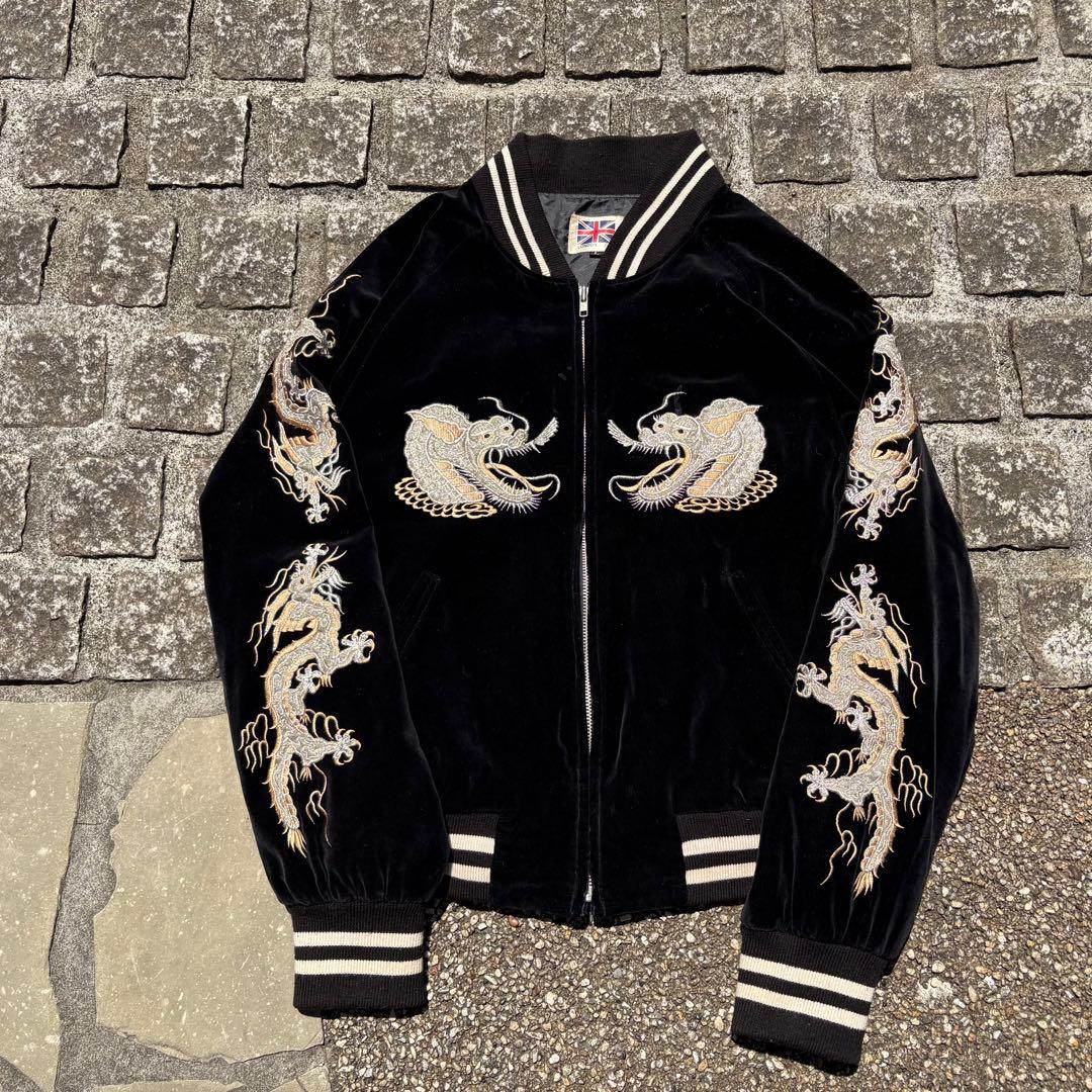 80年代ビンテージ　LONDON F.B. ドラゴン刺繍　ベロアスカジャン