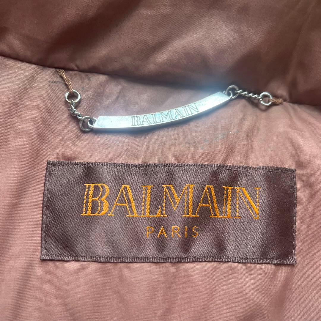 BALMAIN ダウンコート 茶 ブルーフォックスファー 裏地総柄 M バルマン