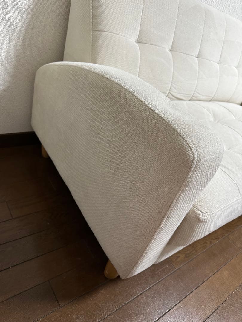 ホワイト ファブリック 二人掛けソファ【直接引き取り歓迎】