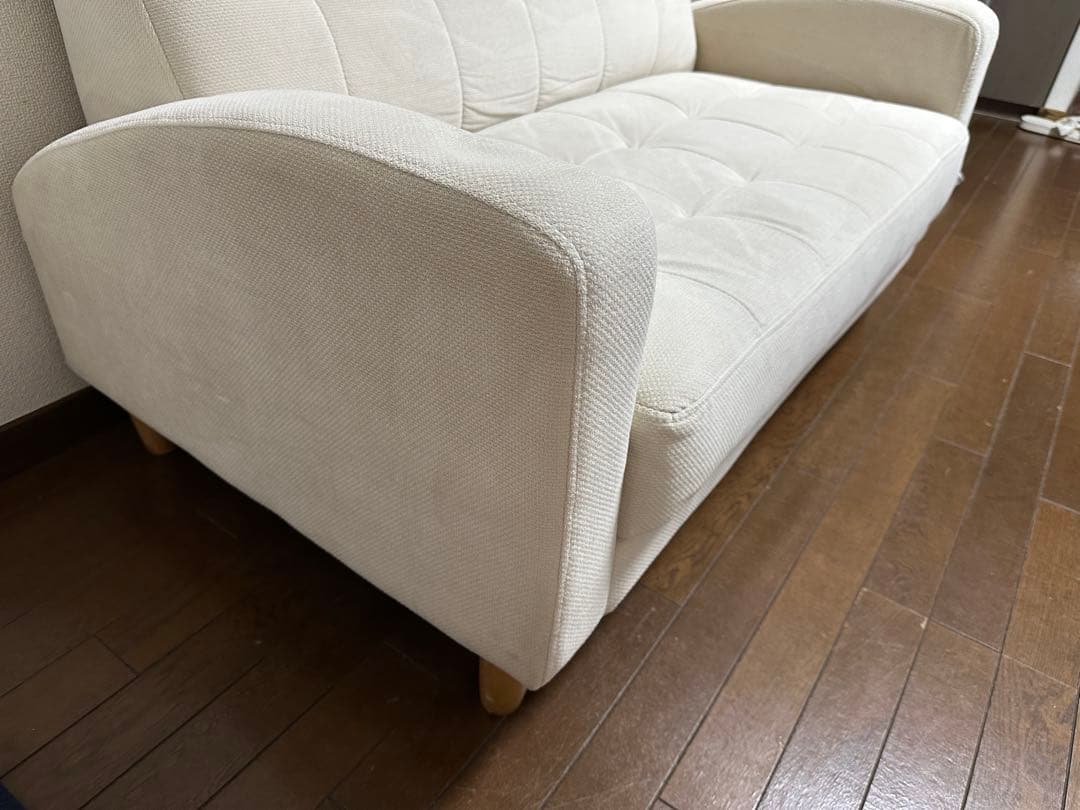 ホワイト ファブリック 二人掛けソファ【直接引き取り歓迎】