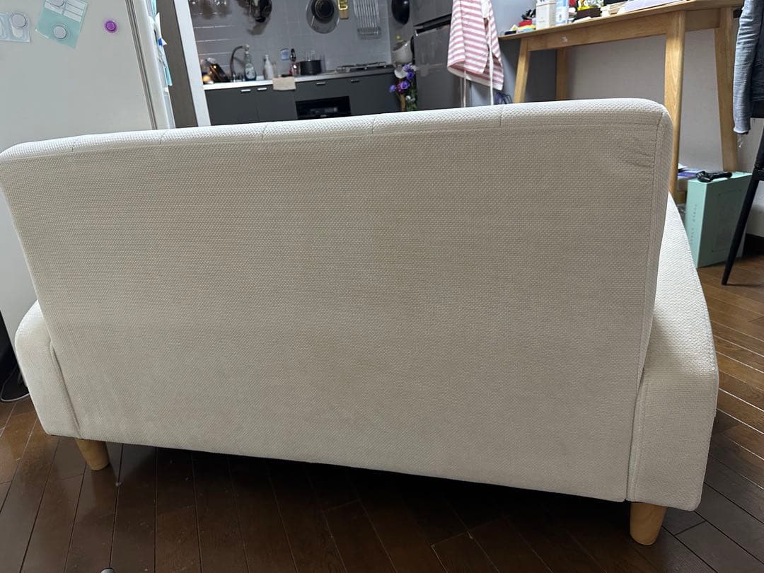 ホワイト ファブリック 二人掛けソファ【直接引き取り歓迎】