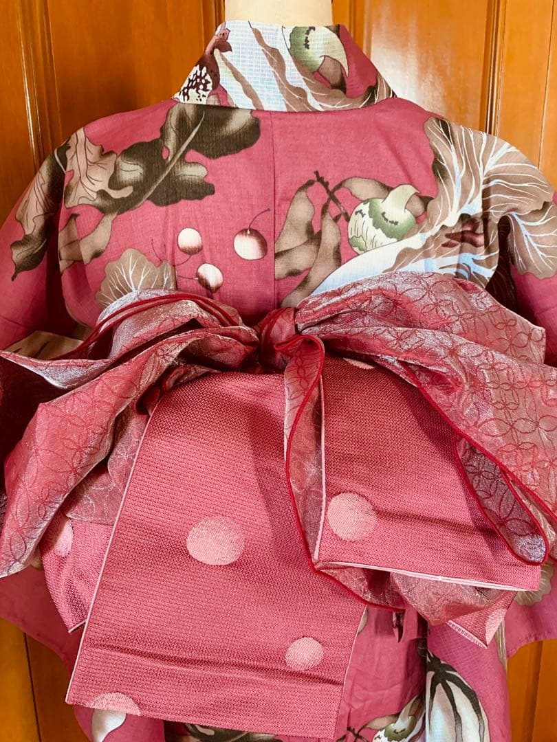 京都きもの町　浅蘇芳色野菜の浴衣と源氏物語のリバーシブル半幅帯と兵児帯と帯締め