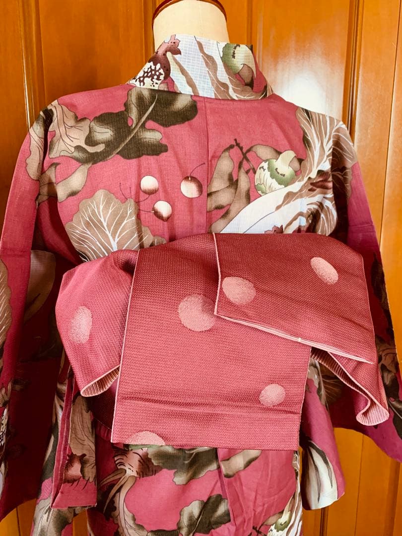 京都きもの町　浅蘇芳色野菜の浴衣と源氏物語のリバーシブル半幅帯と兵児帯と帯締め