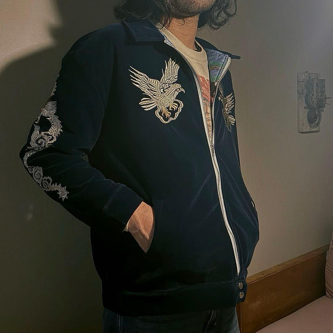 【中綿ブルゾン】刺繍ドラゴンと鷲のベルベットジャンパー