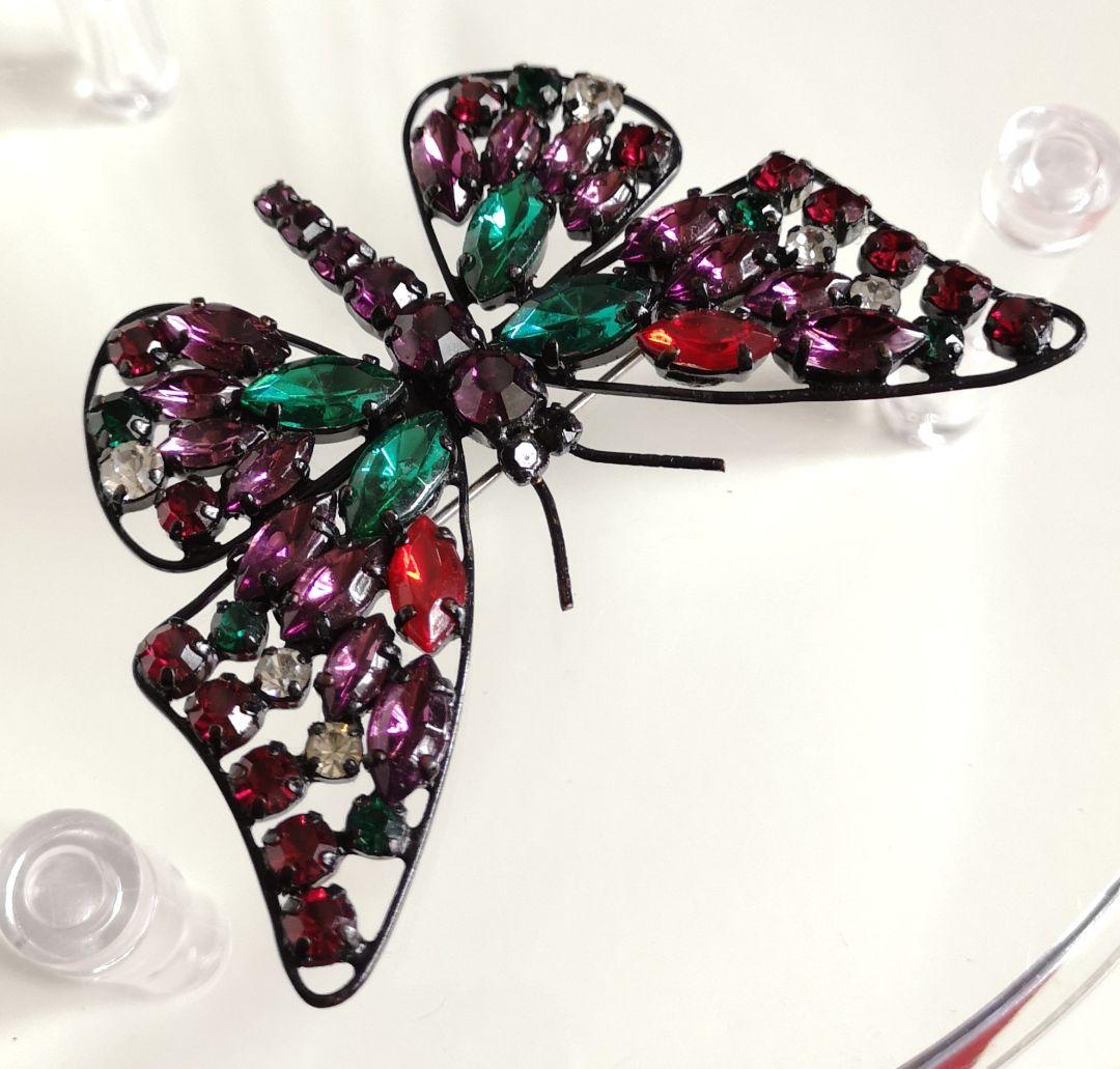 ビンテージ ブローチ チェコ硝子 バタフライ 5色クリスタル装飾 238