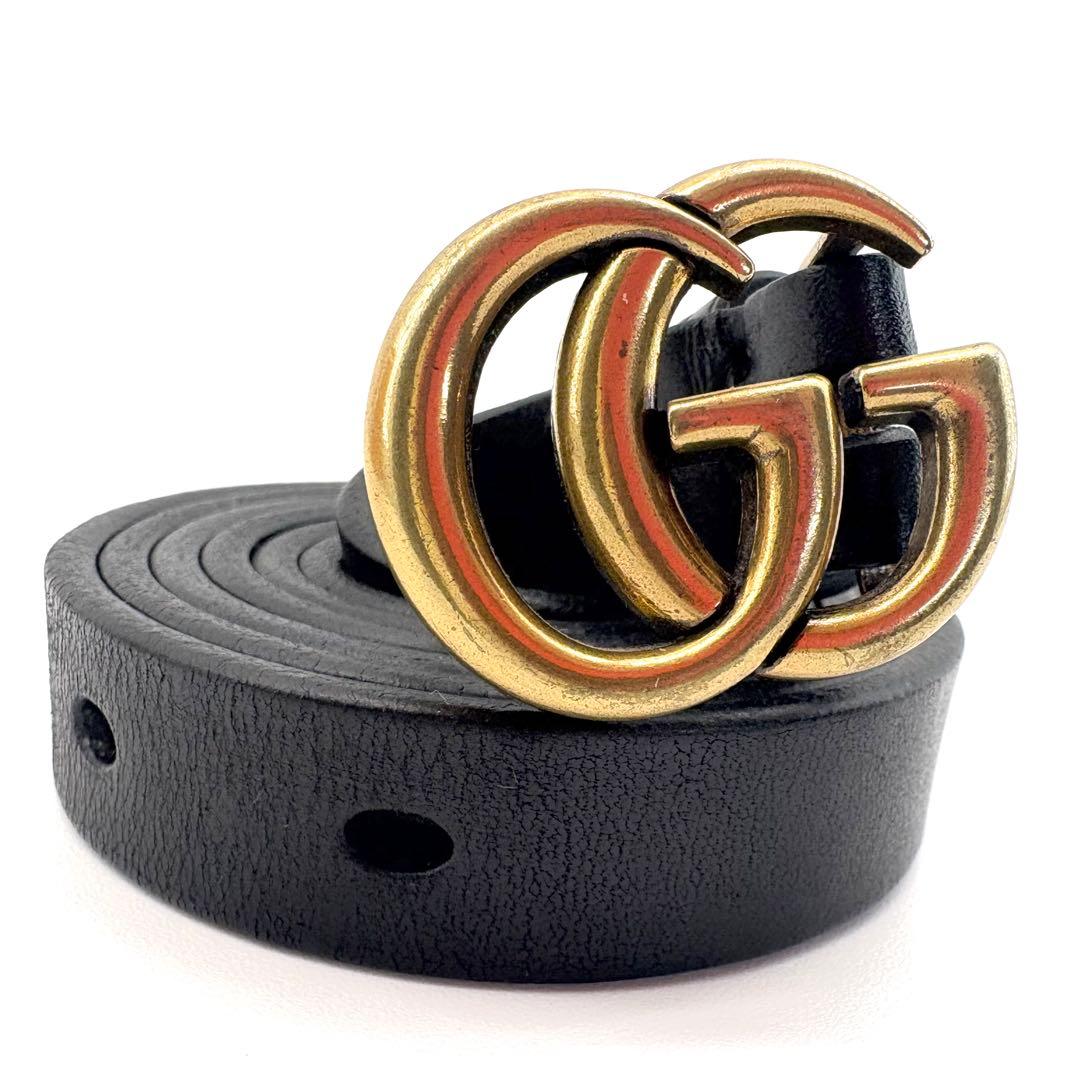 【極美品】GUCCI　ベルト　黒　GGマーモント　ゴールド　レザー　ロゴバックル