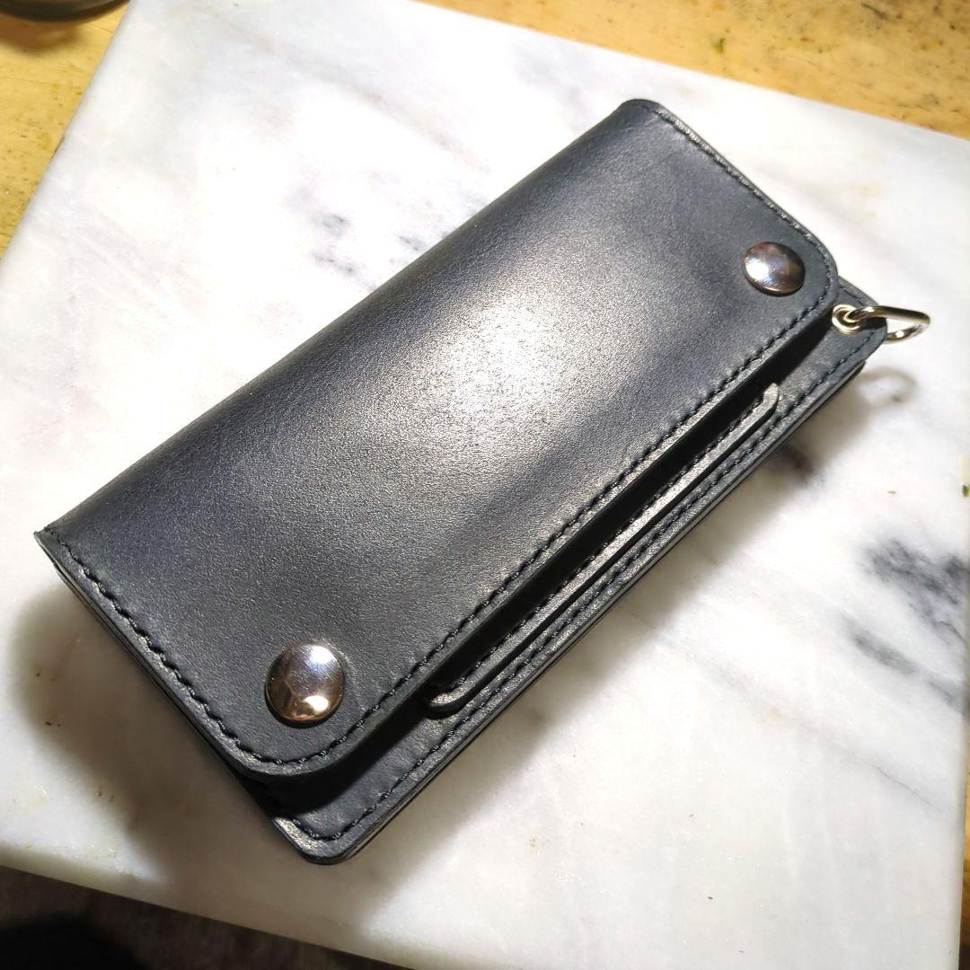 オイルヌメ革 トラッカーウォレット ハンドメイド 長財布 ロングウォレット 黒