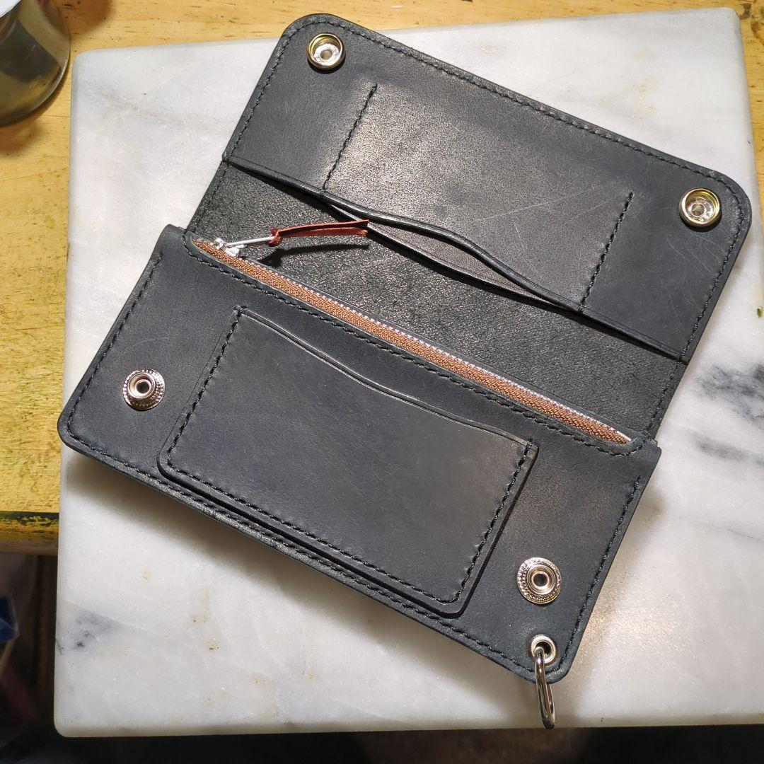 オイルヌメ革 トラッカーウォレット ハンドメイド 長財布 ロングウォレット 黒
