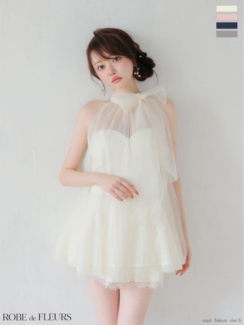 ROBE de FLEURS ハイネックウエストリボンフレアミニキャバドレス