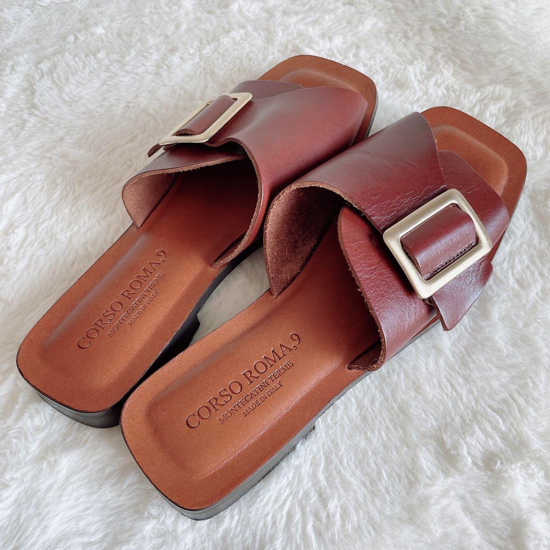 極美品 コルソローマ フラットサンダル ビッグバックル スクエアトゥ 37 茶
