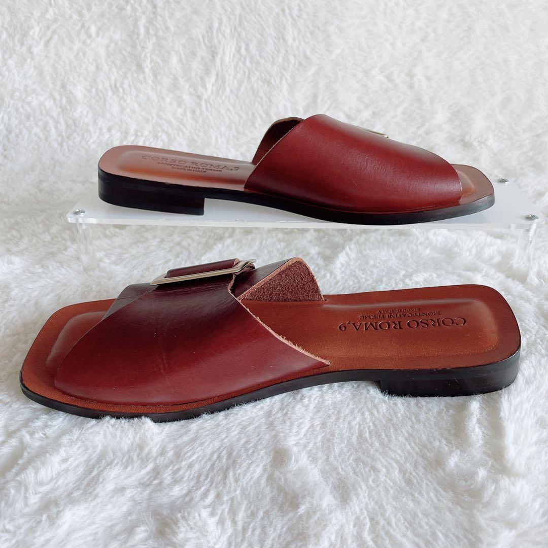 極美品 コルソローマ フラットサンダル ビッグバックル スクエアトゥ 37 茶