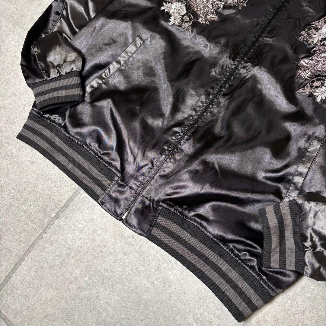 スカジャン　スーベニアジャケット　両面刺繍　花柄　龍　サテン　東洋　リブライン