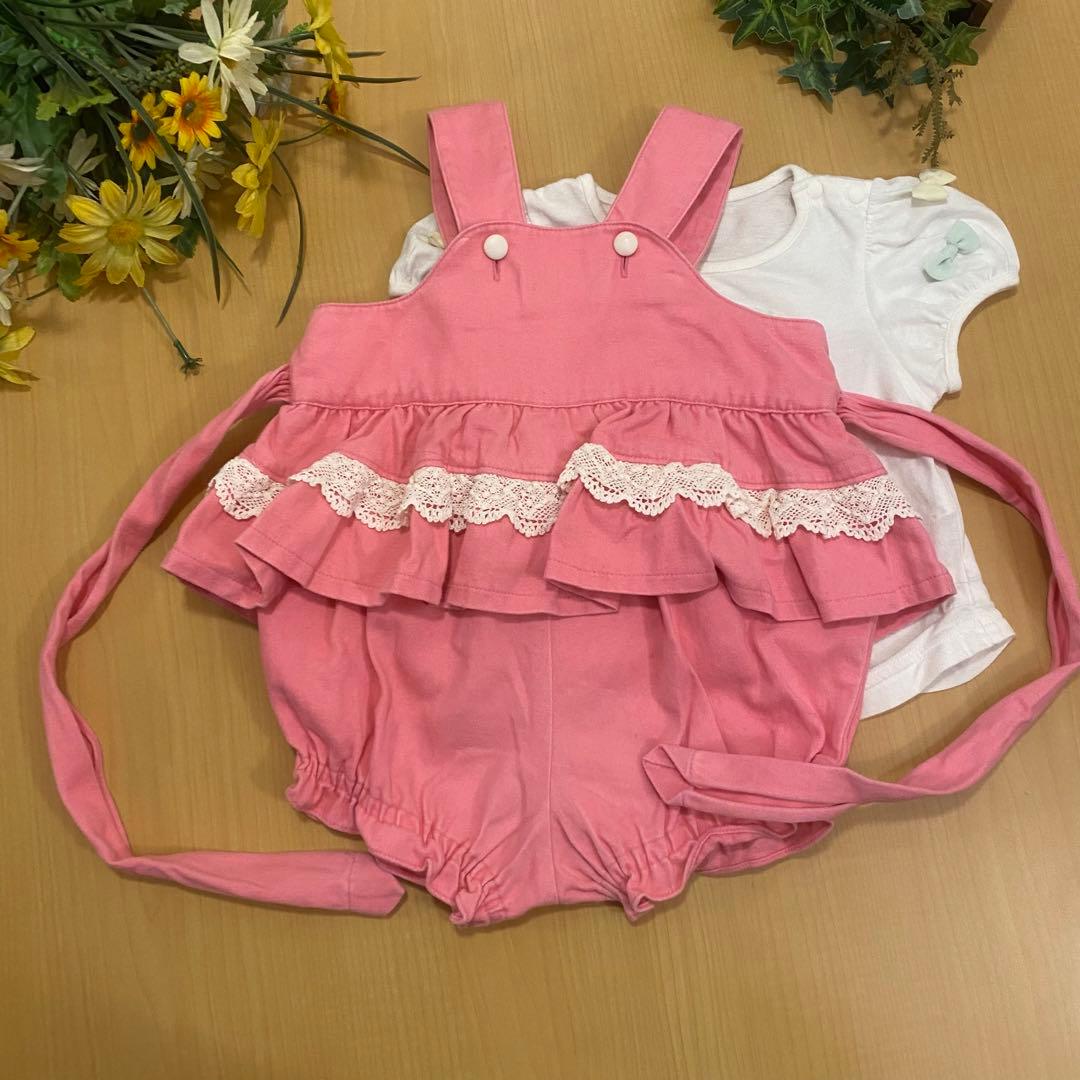 希少　メゾピアノ　ハート立体クマちゃんピンクワンピースロンパース半袖シャツセット