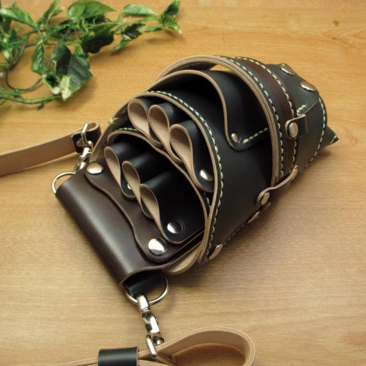 ダークグリーン＆焦げ茶　６丁　革ベルト付　シザーケース　SCL-100/CGB