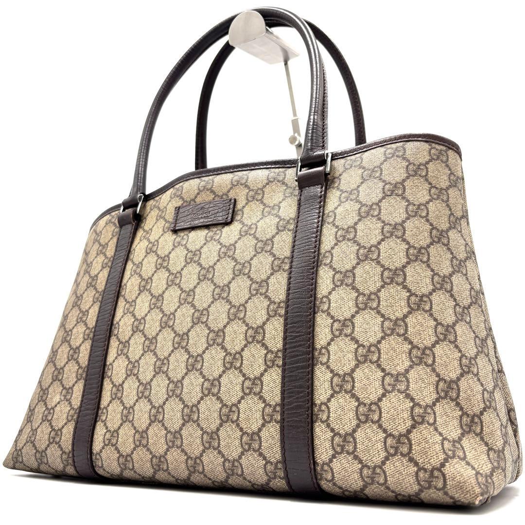 美品 グッチ トートバッグ GG スプリーム ロゴプレート 肩掛け A4可