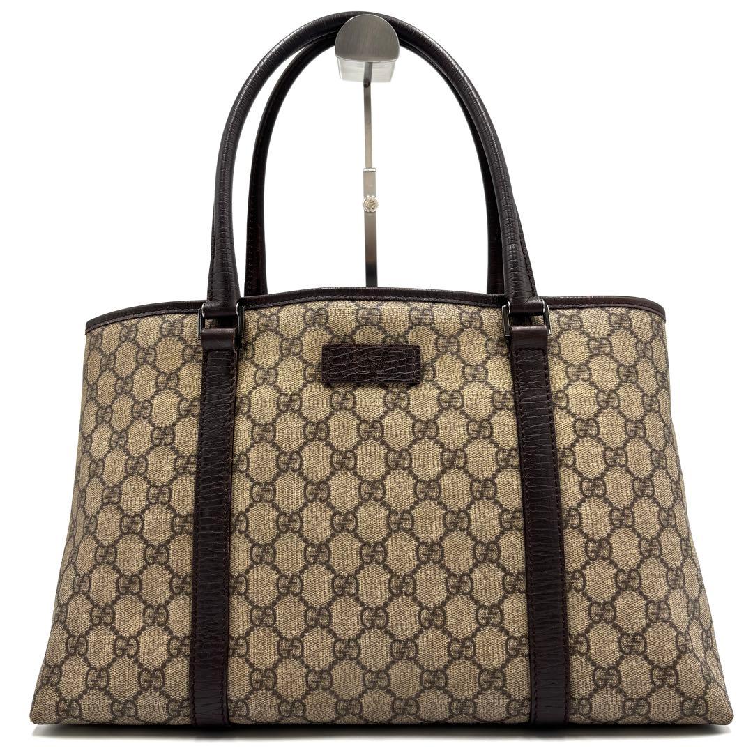 美品 グッチ トートバッグ GG スプリーム ロゴプレート 肩掛け A4可