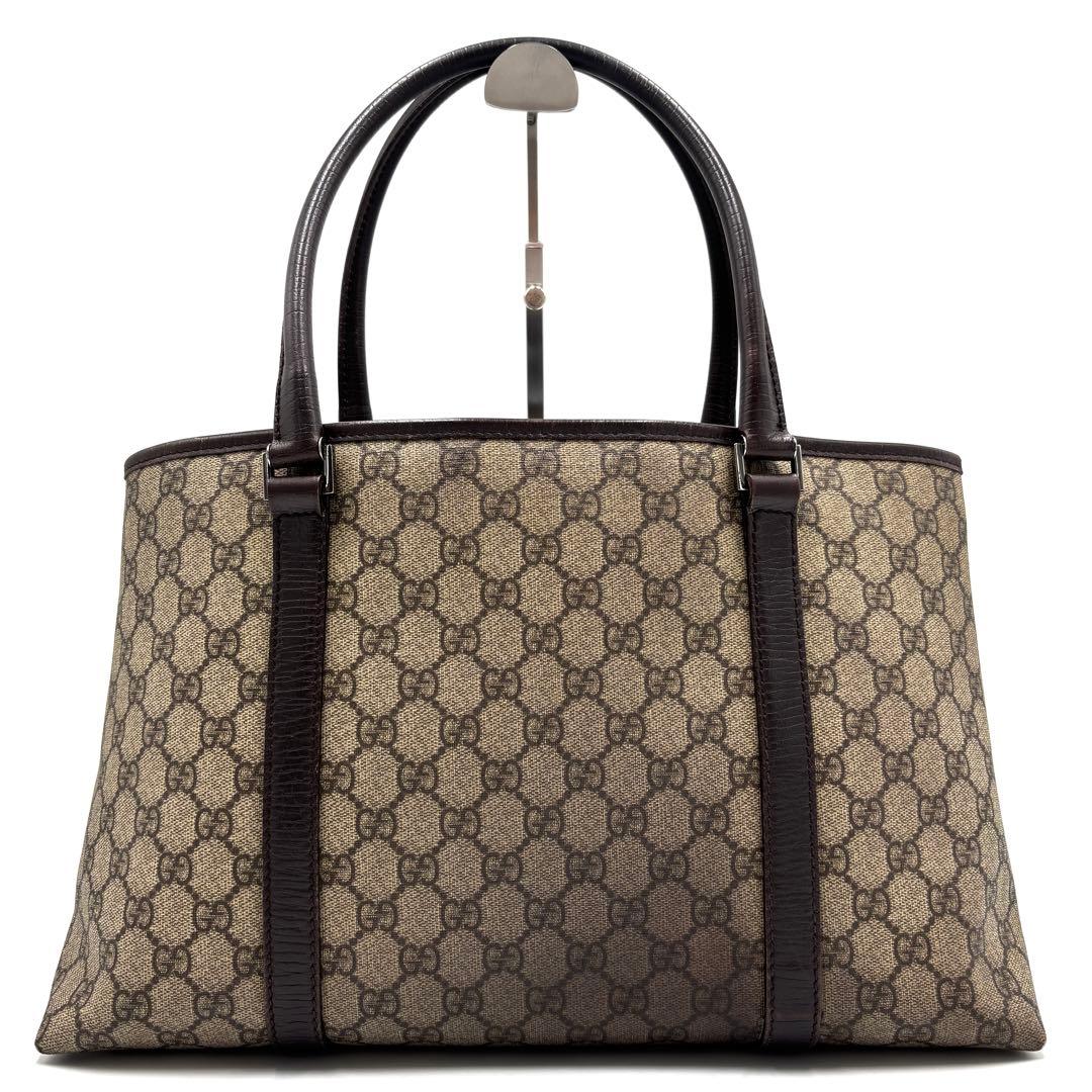美品 グッチ トートバッグ GG スプリーム ロゴプレート 肩掛け A4可