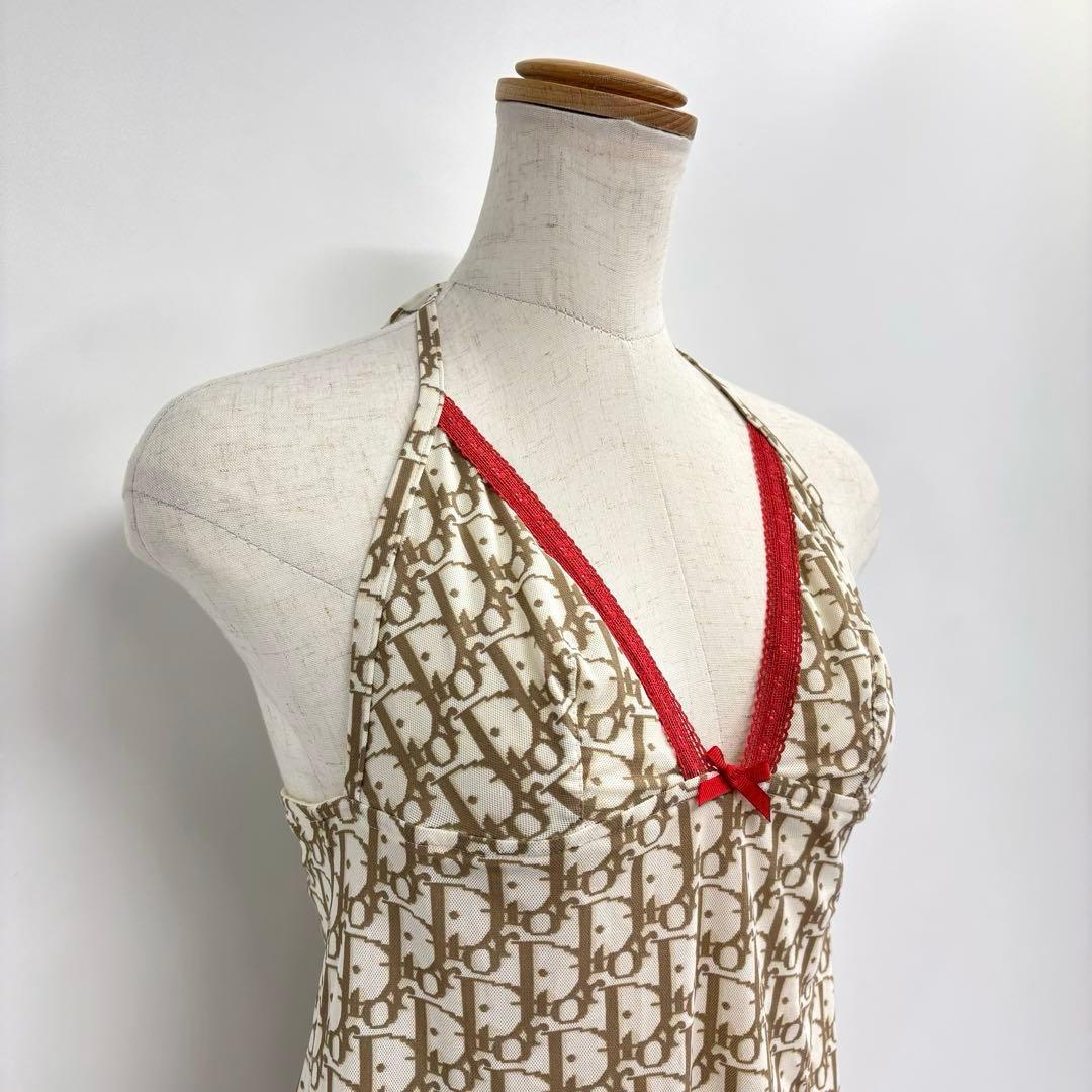 美品　Christian Dior　キャミソール　ロゴ　リボン　M　ベージュ
