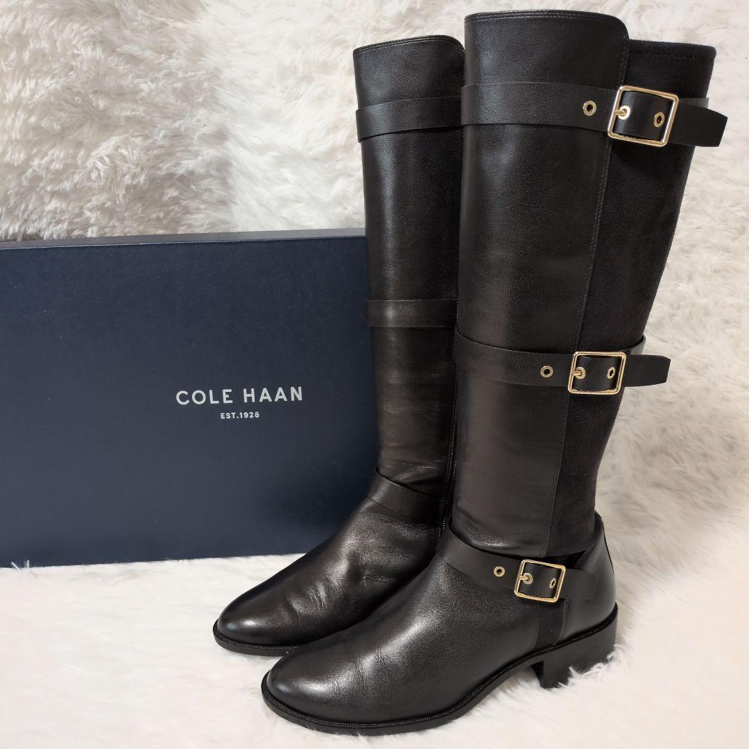 【未使用級】コールハーン　ロングブーツ　黒　24cm ジョッキーブーツ　レザー