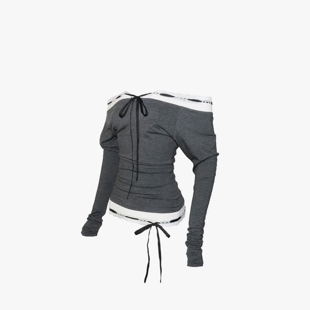 トップス S lace trim off shoulder tops (gray)