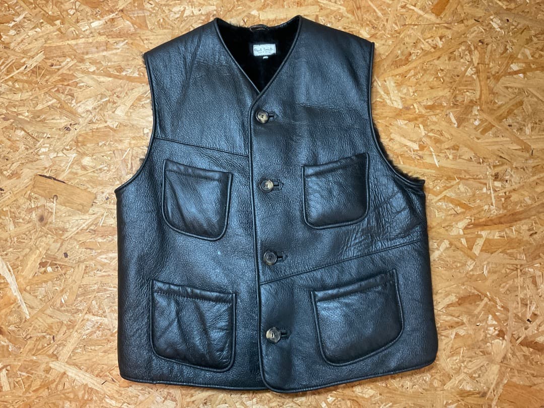 ポールスミス 90s イングランド製 ムートン レザーベスト ジレ 黒 M