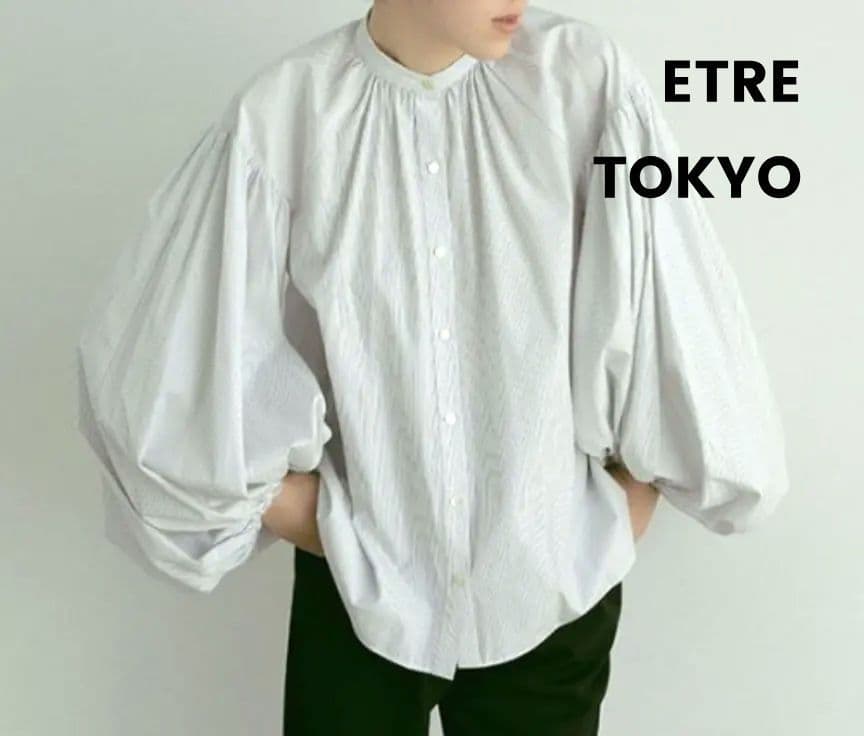 エトレトウキョウ　バルーン袖ブラウス　バンドカラー　細ストライプ　ネイビー