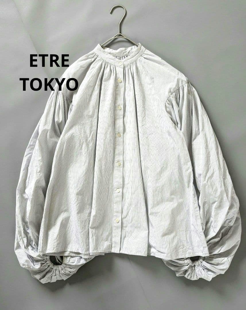 エトレトウキョウ　バルーン袖ブラウス　バンドカラー　細ストライプ　ネイビー