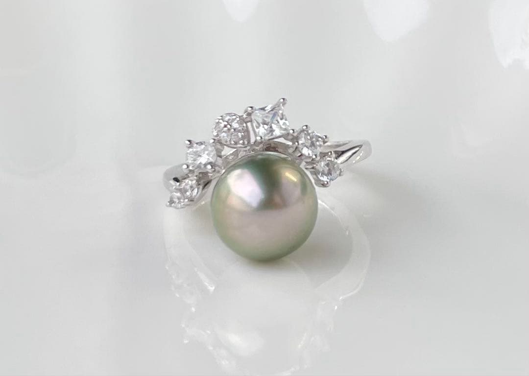 黒蝶真珠 タヒチ 南洋パール 月冠 リング 指輪 s925 ラウンド