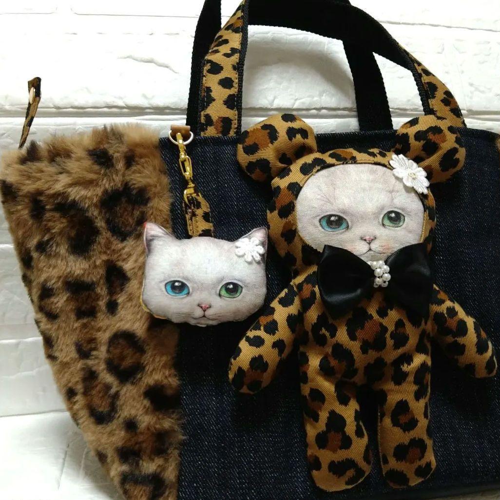 ゆ*ら様 コヤンイサムチョン☆スクエアトートバッグ　デニム＆ヒョウ柄ボア　オッド