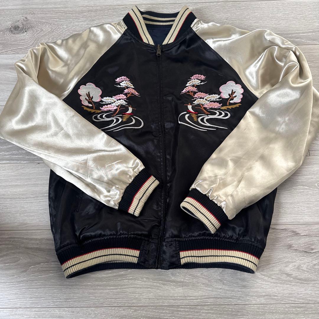 ドラゴン刺繍 スカジャン ネイビー/シルバー 佐藤正 リバーシブル