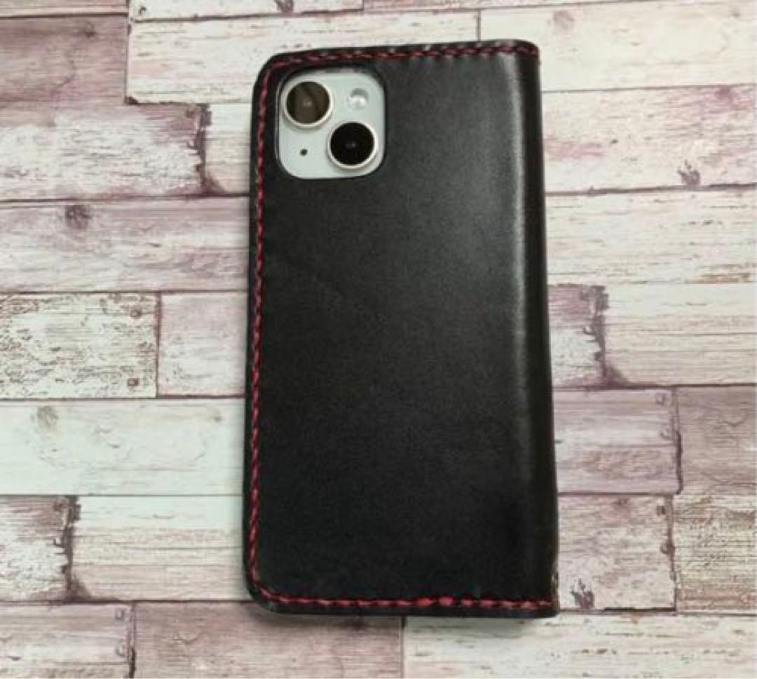 栃木レザー　ブラック　iPhoneケース　スマホケース　手帳型　本革