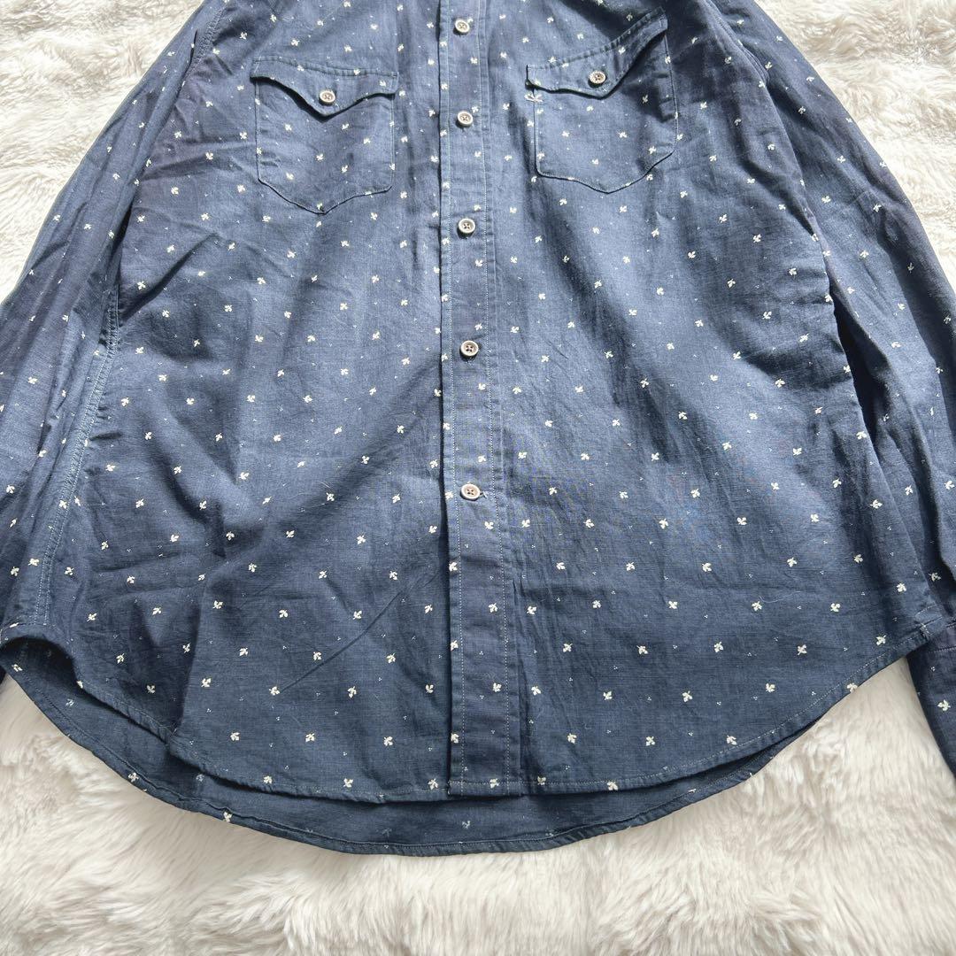 45R★総柄　インディゴ染　シャツ　ブラウス　コットン　藍色