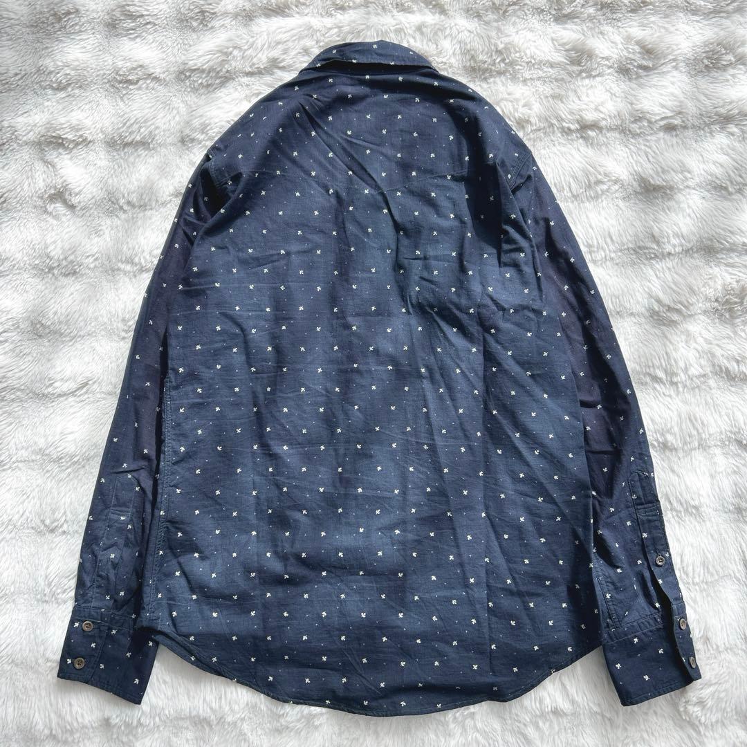 45R★総柄　インディゴ染　シャツ　ブラウス　コットン　藍色