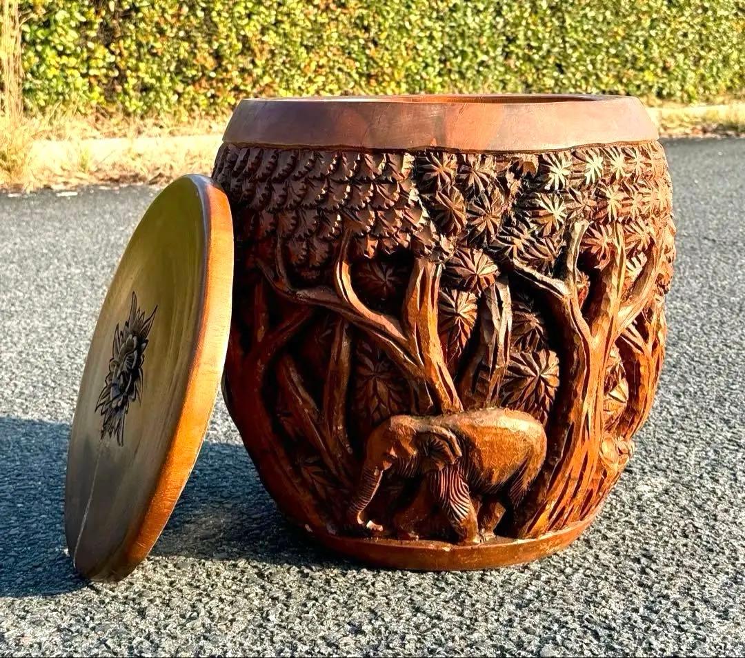 1点モノ♪一本彫 重量感♪ アンティーク スツール 収納樽 タイ ゾウ アジアン