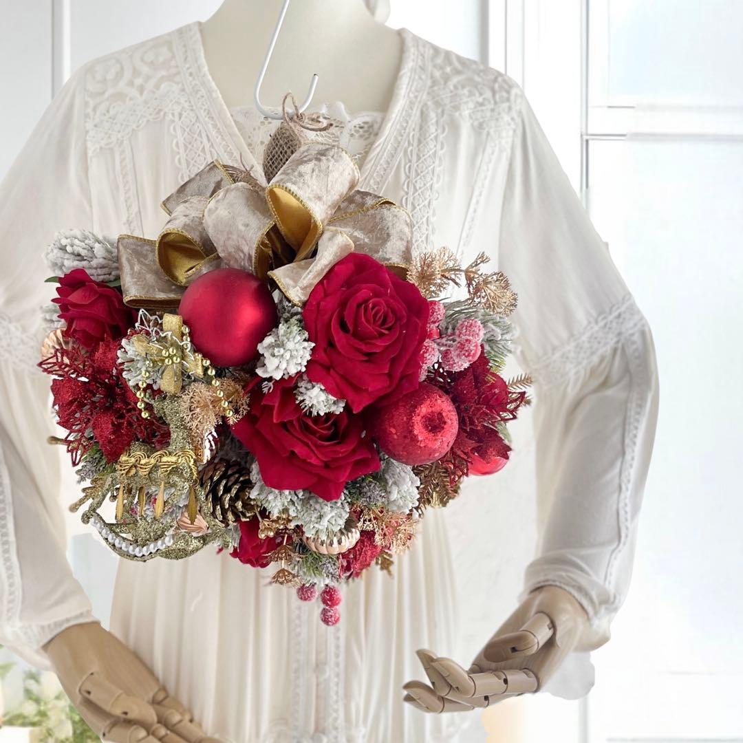 クリスマススワッグS＊赤い薔薇と雪化粧のノエルリュクス クリスマスリース 飾り