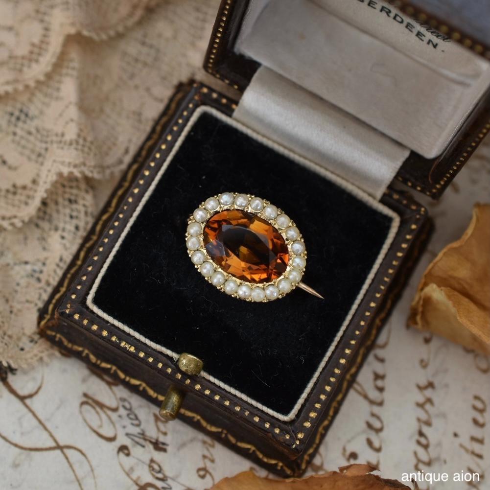 英国アンティーク 1900年前後 9金 天然シトリンと天然シードパールのブローチ
