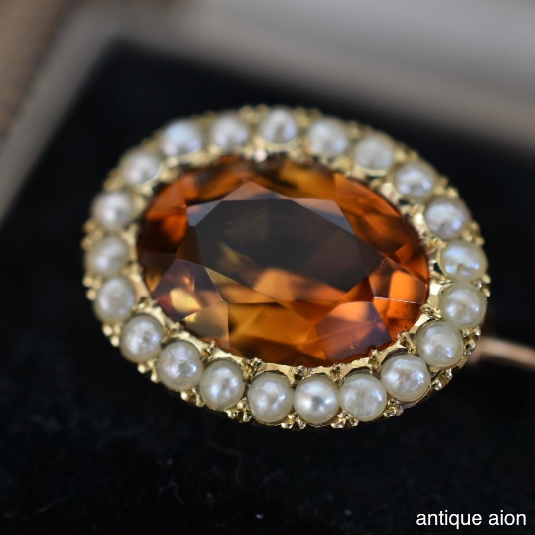 英国アンティーク 1900年前後 9金 天然シトリンと天然シードパールのブローチ