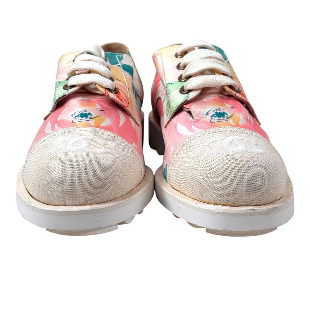 シャネル CHANELフラワー柄 レースアップシューズ 38 ※難あり