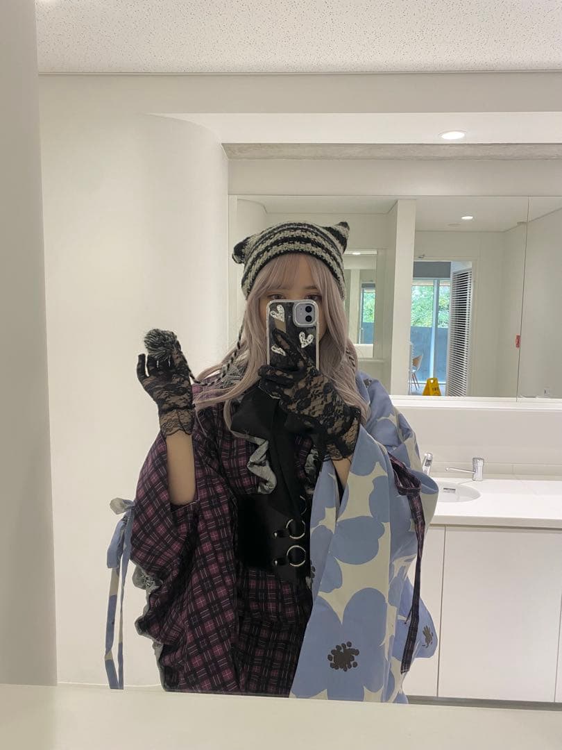 チェック 浴衣 服飾学生 着物 ゴム入り帯付き セット 紫 青