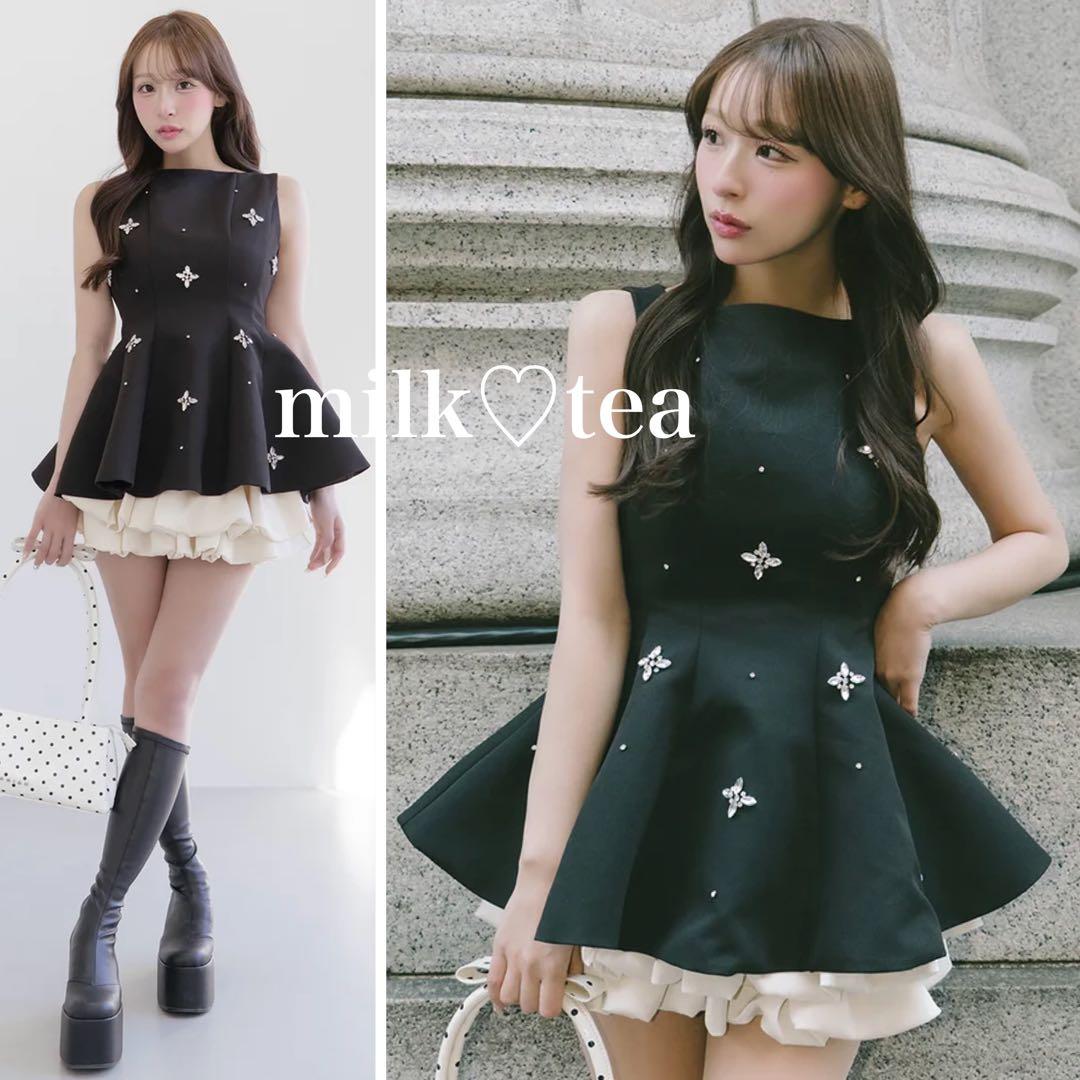 新品タグ付き ダーリッチ ビジューフレアバルーンミニドレス フリー ブラック