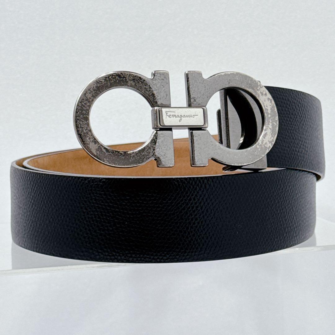 エイジング良好 Ferragamo ダブルガンチーニ ベルト シボ革ガンメタ
