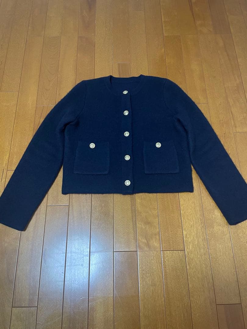 anuans カシミヤブレンドノーカラーニットジャケット　ネイビー